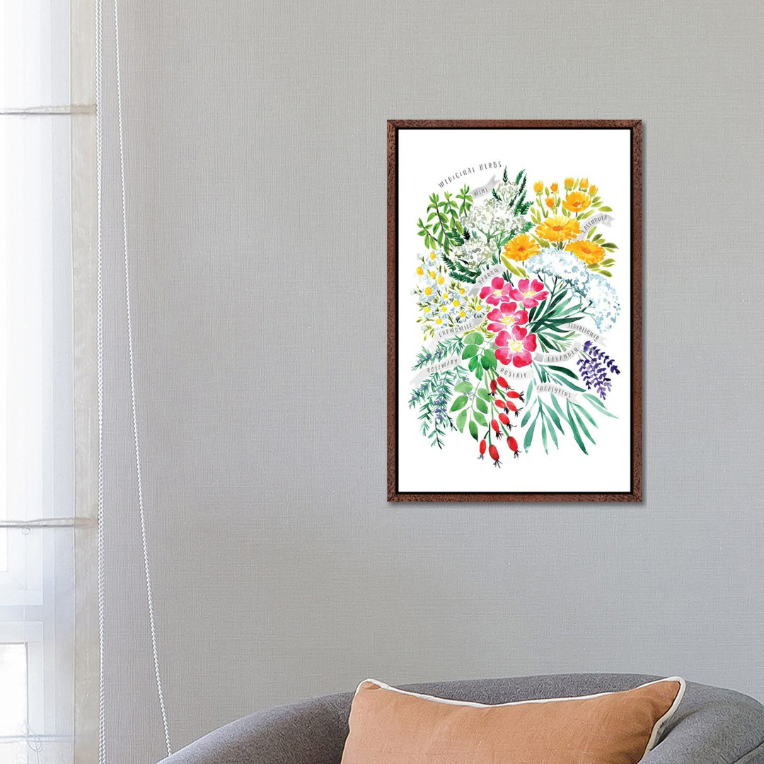 Heilkräuter Blumenstrauß in Aquarell von Blursbyai - Galerie-verpackte Leinwand Giclée auf Leinwand