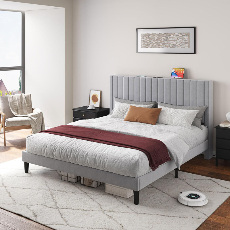 Alti 44.8'' Velvet Upholstered Tufted Bed with Charging Station, Full, Light Gray
