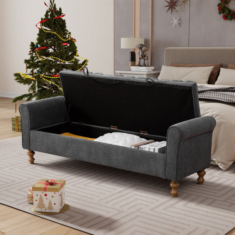 Wide Upholstered Flip-up Storage Bench With Flared Arms And Solid Wood Legs, Charcoal