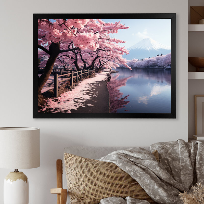 «Cherry Blossum Mount Fuji Reflections Japon III - montagnes», reproduction d'art sur toile, Cadre d'angle fermé noir