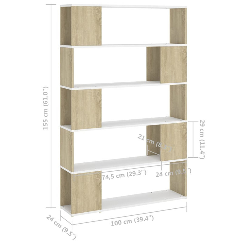 Paravent vidaXL en bois d'ingénierie moyen, Chêne sonoma, (5 tablettes) H 61 po x l 39,4 po x P 9,5 po