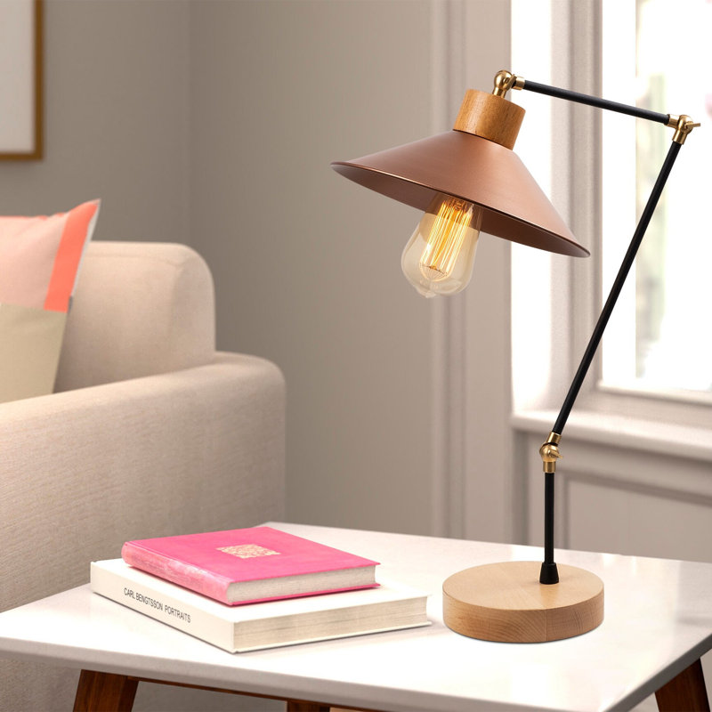 Modern Table Lamp with Metal Body & Wooden Base, Copper Color | 9.4 in Diameter x 20.5 in Height | E27 Socket (Max 40W), Stylish Home Décor, Ideal for Living Room & Bedroom, Elegant Scandinavian Design