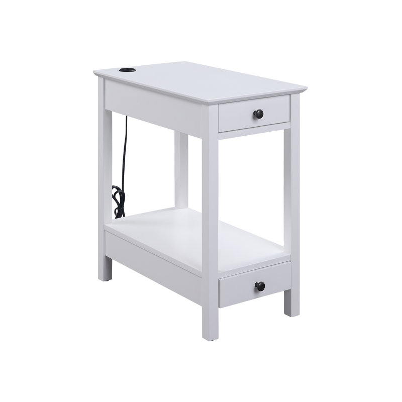 Table d'appoint Byzad White avec ports de chargement USB - Table d'appoint moderne avec 2 tiroirs et compartiment de rangement ouvert