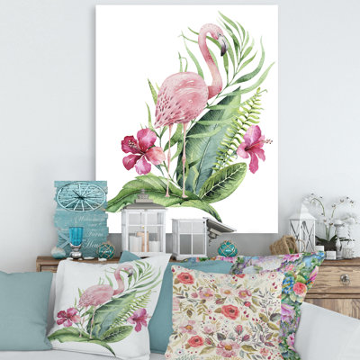 Flamingo With Exotic Foliage and Pink Flowers - Floral Wall Art