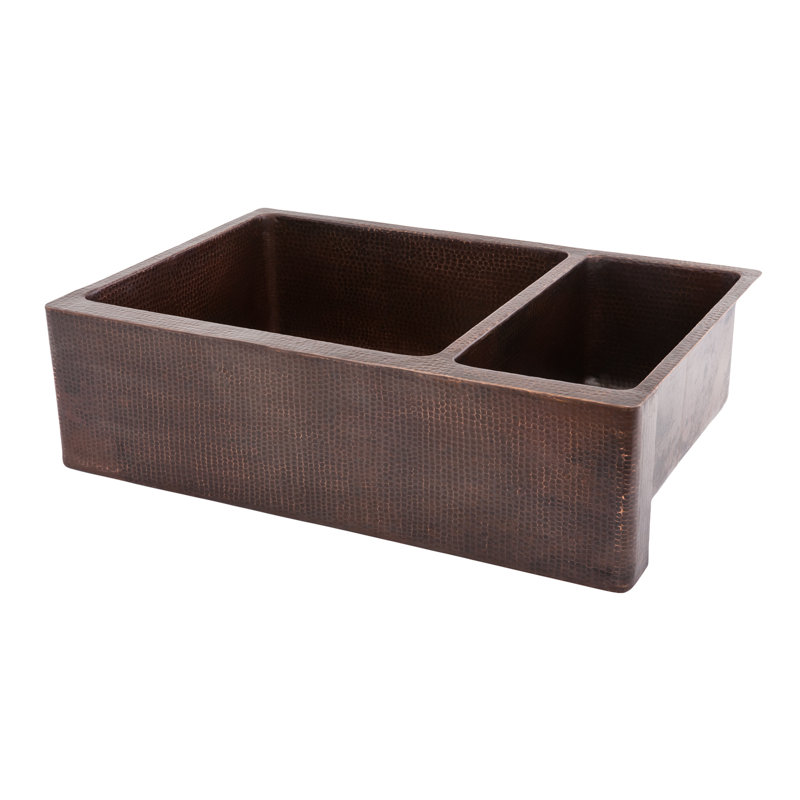 33" Hammered Copper Kitchen Apron 75/25 Double Basin Sink with Matching Drains, and Accessories