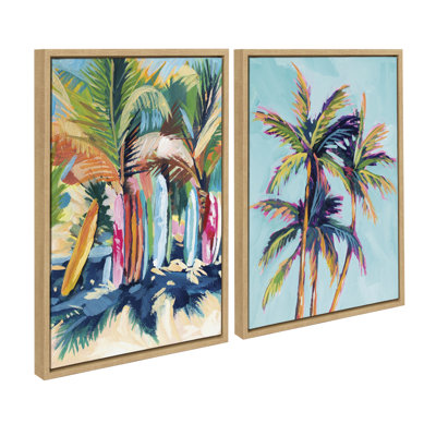 Surf and Sand and Tropical Palms Study by Rachel Christopoulos Framed Canvas Wall Art Set