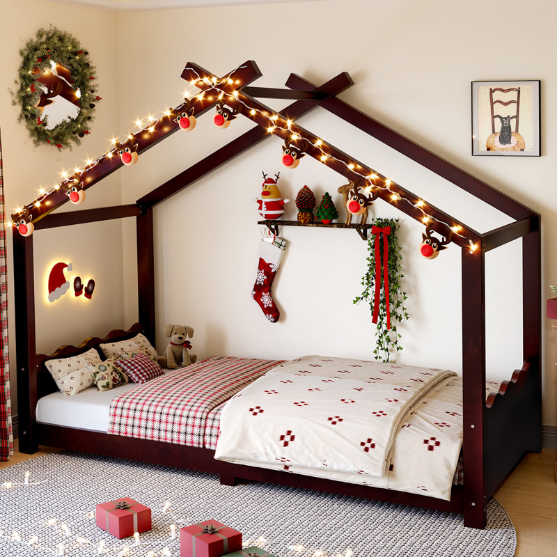 Twin Kids House Floor Bed, Solid Wood Frame with Slats, Montessori Low-Profile Design, No Box Spring Needed, Espresso, Twin