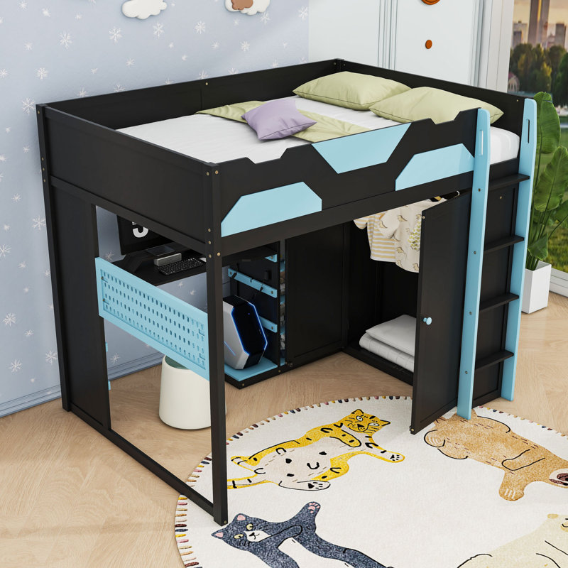 Full Wood Loft Bed with USB Charging, Pegboard and Storage, Cloud Blue