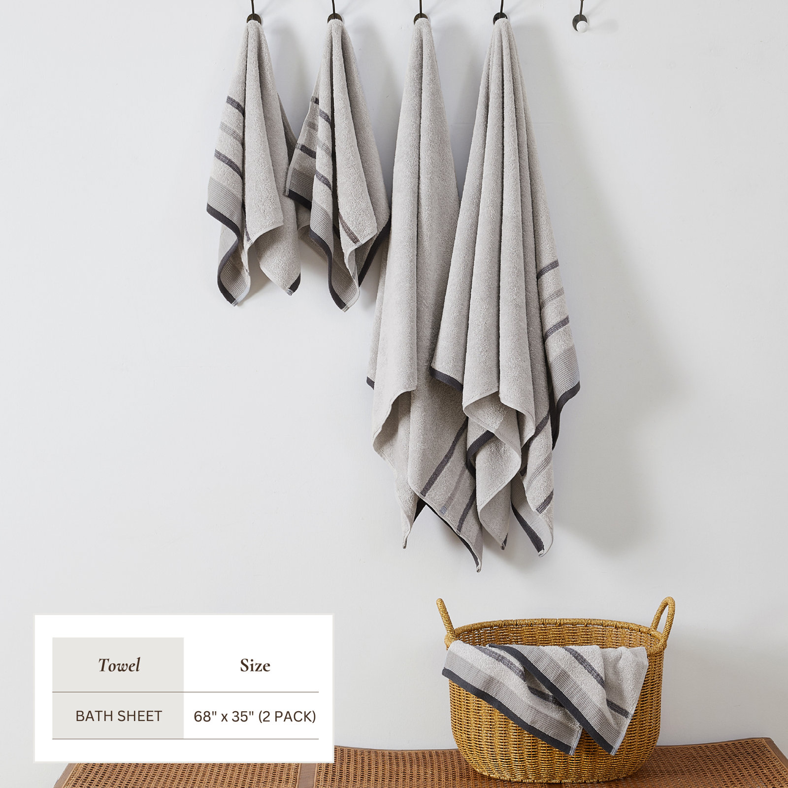 Deanthony Luxury Cotton Decorative, Bath Sheets - 2 Pack, Light Gray/Mid Gray/Dark Gray