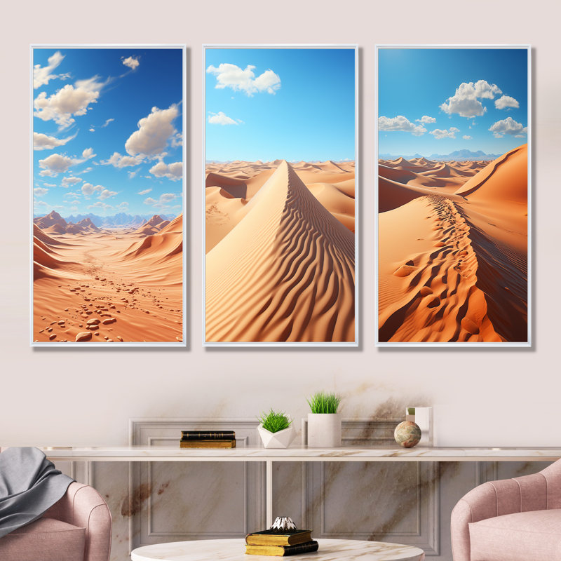 «Desert Dunes», ensemble de 3 reproductions d'art sur toile, Cadre flottant blanc, H 40 po x l 60 po