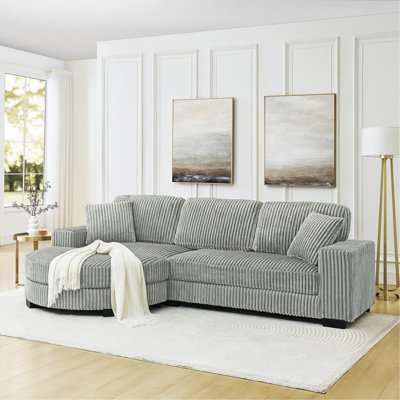 L-shaped Corduroy Sleeper In Gray, Upholstered With Style, Comfortable High Sponge Cushions, Strong Wood Frame, Convertible Chaise, Arc-shaped Footstool For Soft Touch Gray Sectional, Modular, Seats,