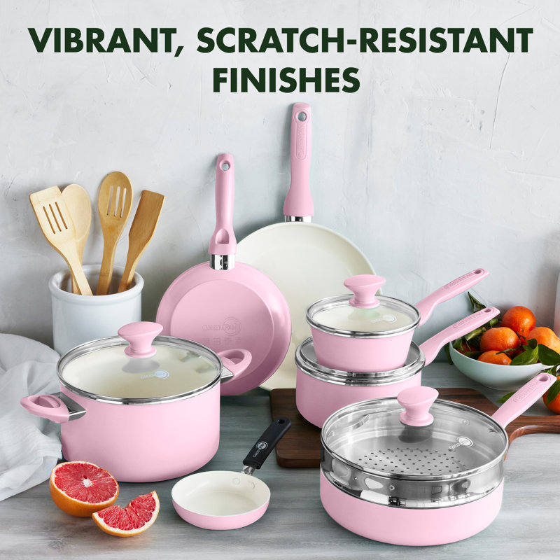 GreenPan Rio Healthy Ceramic Nonstick 16 Piece Cookware Pots and Pans Set, PFAS-Free, Dishwasher Safe, Pink