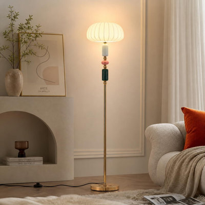 Modern Floor Lamp With Foot-Operated Switch,1-Light E26 Silk-Like Lampshade With Ceramic & Metal Base(Gold)