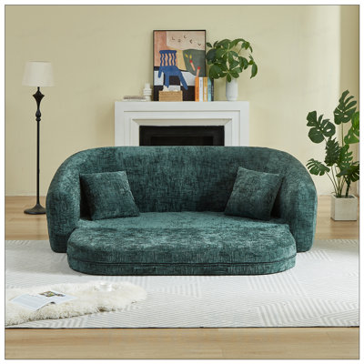 Curved Convertible Sofa Recliner, 2-in-1 Fold-Out Sofa Bed with Pull-Out Base and Deep Seat Design, Includes Two Pillows, Chenille Two-Seater