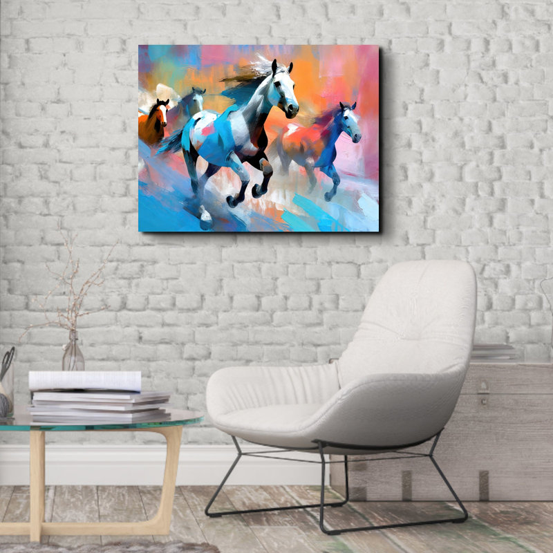 «Horses cinq sur toile» par Stephen Chambers, H 15 po x l 18 po x P 1,5 po