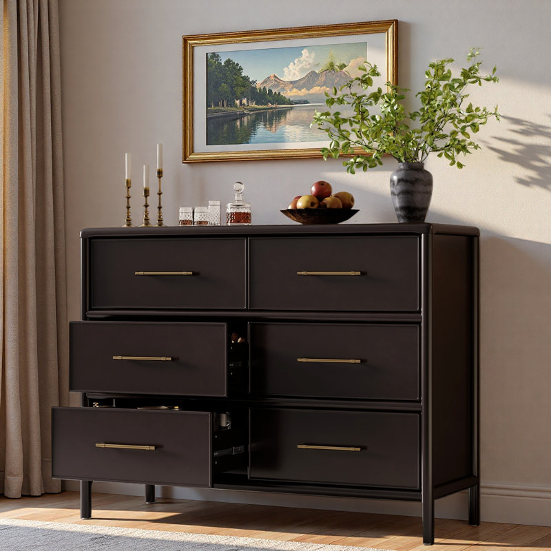Dresser Cabinet With 6 Drawers And Gold Handles, Dark Brown