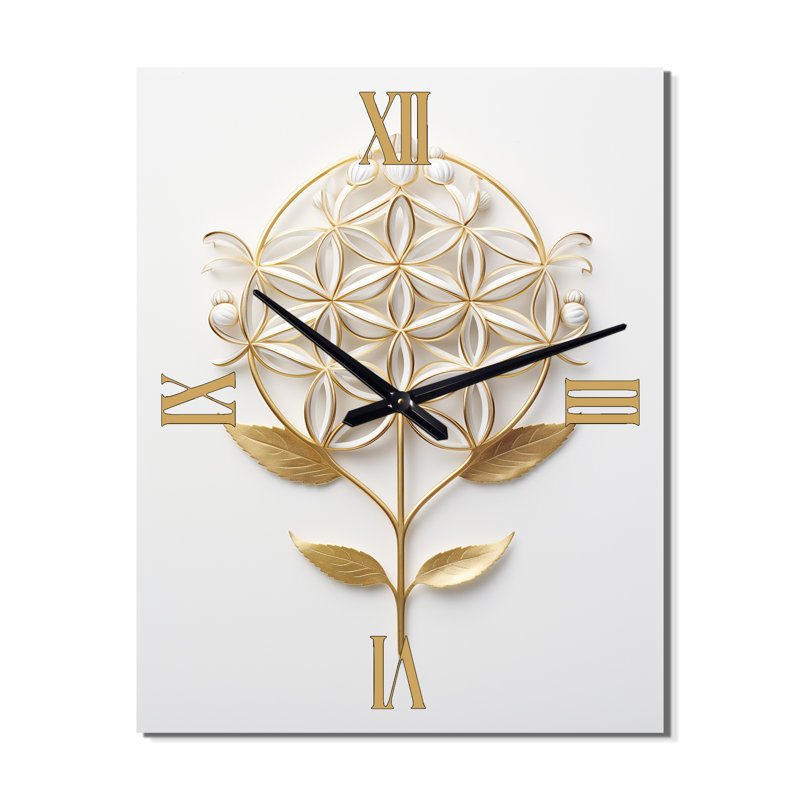 Flower Of Life Golden Elegance II - Abstract Botanicals Modern Wall Clock, 40" H x 30" W x 1" D