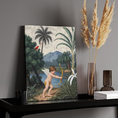 Cupidon dans un paysage tropical, art mural encadré en bois, l 16 x L 20