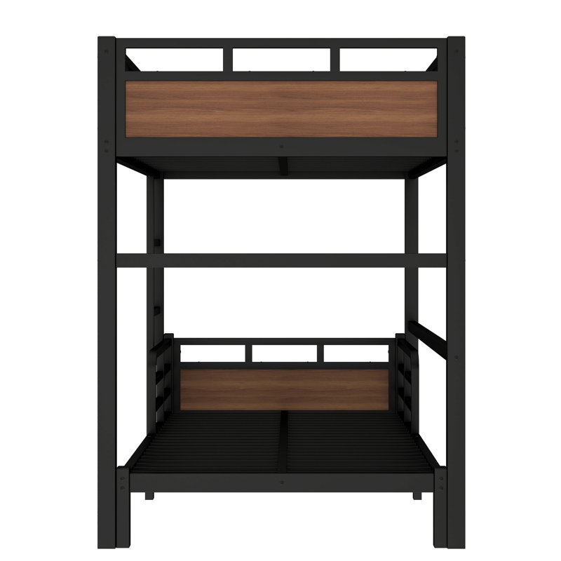 Twin XL over Twin XL Metal Bunk Bed with Safety Guardrails – Loft & Platform Bed, Walnut-Colored, Twin XL over Twin XL