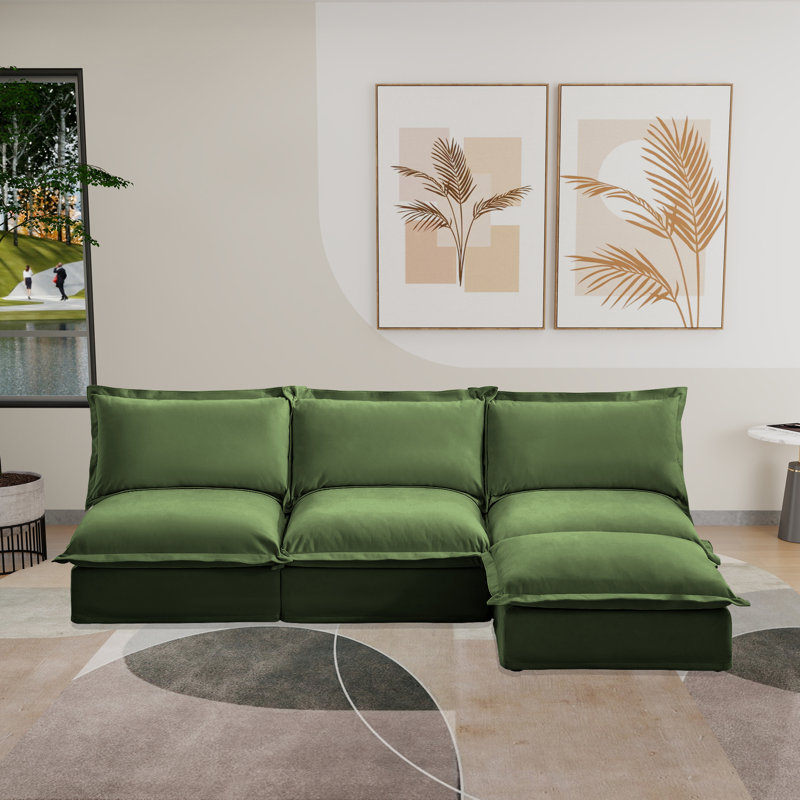 Canapé moderne sans accoudoirs 3 places Kemble, Chenille verte, H 34,63 po x l 109,83 po x P 55,03 po