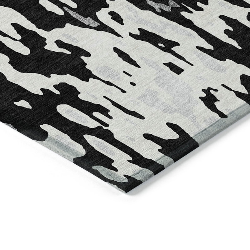 Tapis extérieur lavable abstrait noir et ivoire 8 pi x 10 pi