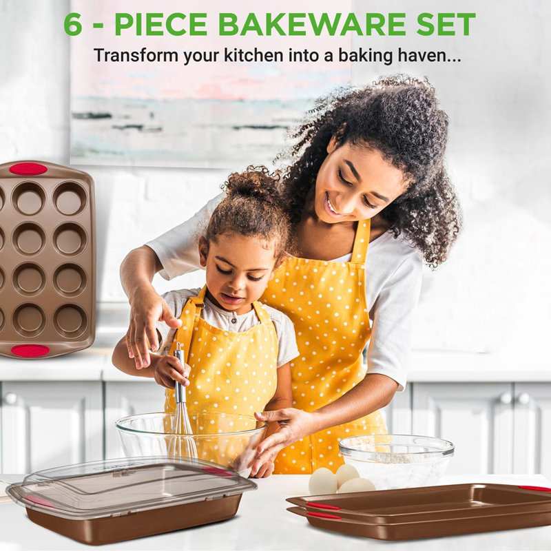 Nutrichef 6-Piece Bakeware Set - Carbon Steel Stackable Bakeware With Red Silicone Handles & Nonstick Coating, Includes Cookie Sheets, Roaster Pan With Lid, Loaf, And 12 Cup Muffin Pan (Gold)
