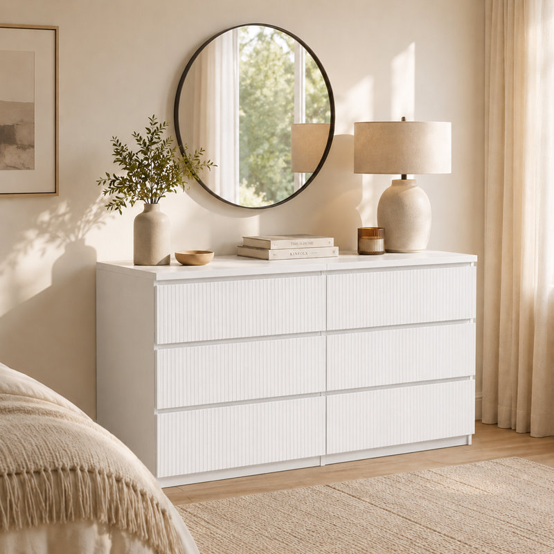 Armoire de rangement moderne à six tiroirs, avec un panneau ondulé sur le devant des tiroirs. L'armoire de rangement est une unité de tiroir multifonctionnelle qui convient aux chambres à coucher.