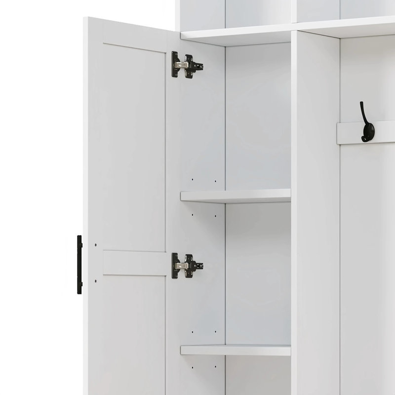 Versatile 3-in-1 Hall Tree with 6 Hooks, Farmhouse Walnut Storage Bench with Adjustable Shelves, White + Deep Walnut