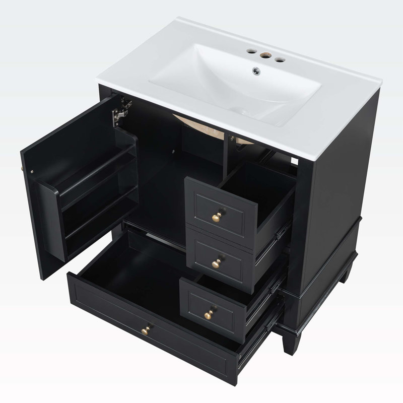 Bathroom Vanity with Sink,One Door with Shelf and Three Drawers, Black