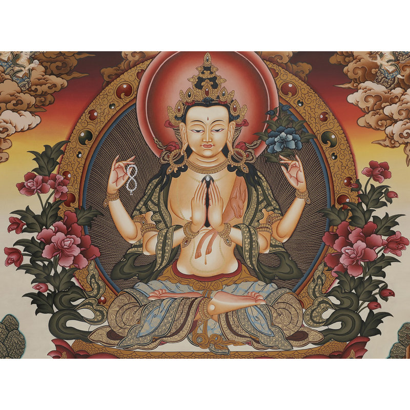 Kharchari Thangka sans brocart | Art mural bouddhiste tibétain peint à la main | Décoration de bienveillance et de protection en or 24 carats (35,8 po x 26 po)