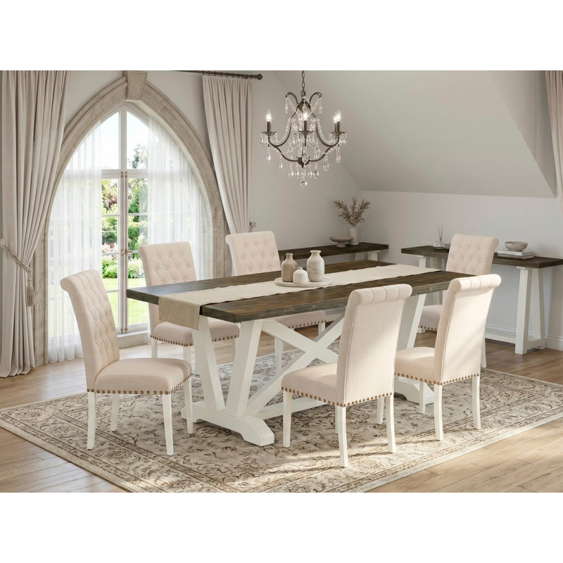 Ensemble de table de cuisine 7 pièces comprenant une table à manger rectangulaire à pattes en V et 6 chaises de salle à manger Parsons en lin beige clair, 101,6 x 182,9 cm, multicolore