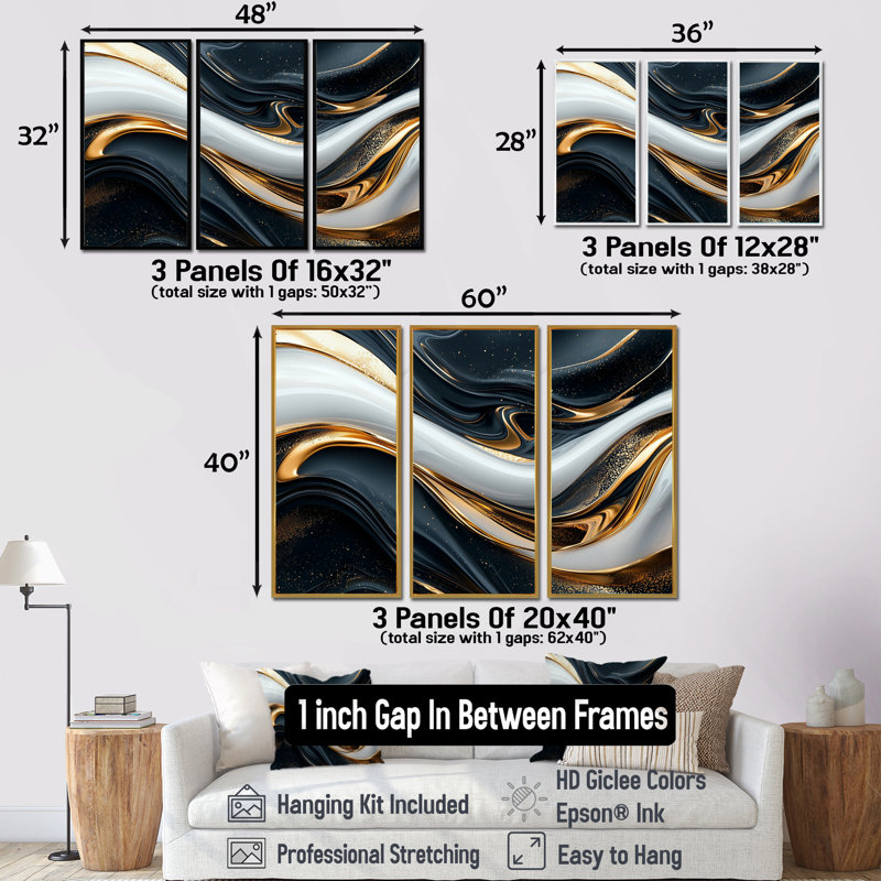 Captivating Gold and Black Marble II - Ensemble de décorations murales vagues abstraites modernes, H 28 po x l 36 po x P 1 po