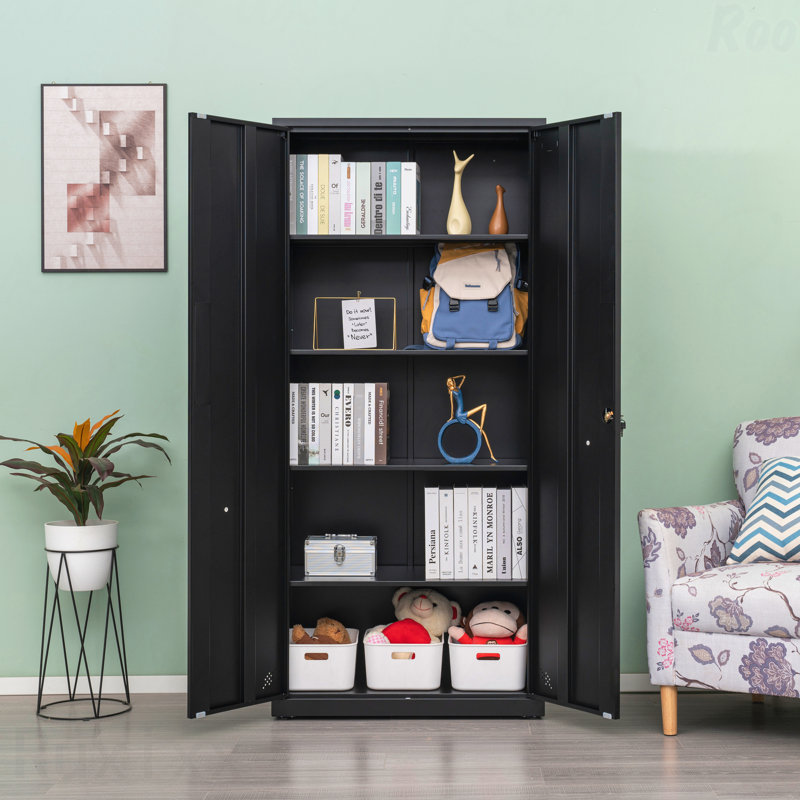 High Storage Cabinet With 2 Doors 4 Partitions, 5 Separate Storage Spaces For Home Office Use, Black