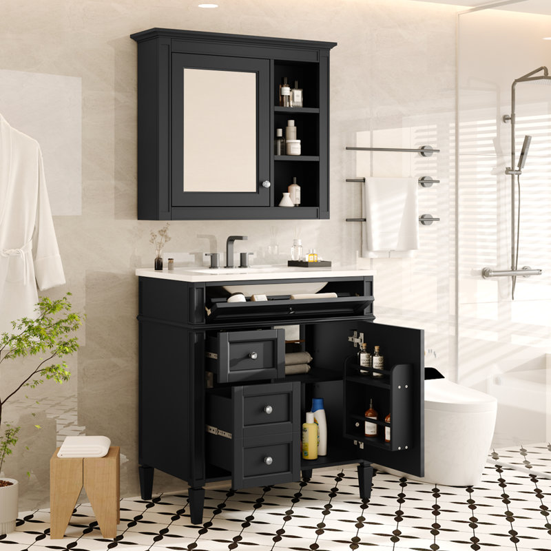 Ensemble de meuble-lavabo moderne 30 "avec lavabo et armoire à miroir, Noir, Argent argent