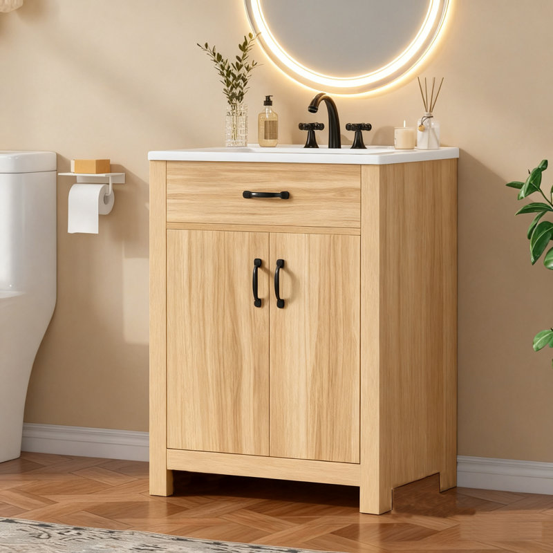 Meuble-lavabo simple en bois 24 po avec cadre en bois massif, 2 portes à fermeture douce, 1 tiroir rabattable, tablette réglable, armoire de rangement moderne