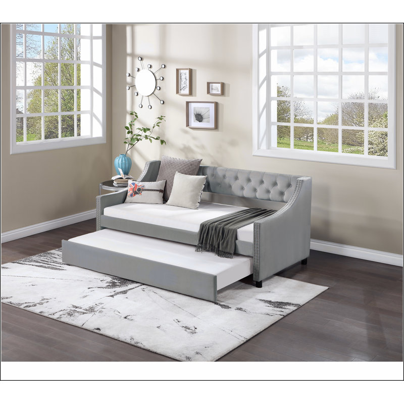 Upholstered Daybed with Trundle,Sturdy Wood Bedframe w/ Bedframe Tufted Button, Twin, Light Gray