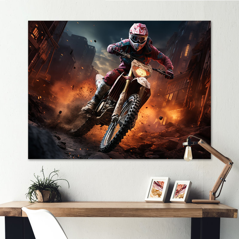 Motocyclette orange et noire - art sur toile, Toile tendue, H 34 po x l 44 po x P 1,5 po