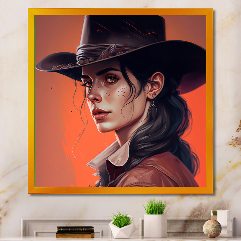 Western Cow Girl II - impression sur toile, H 30 po x l 30 po x P 1 po, Impression dorée sur toile encadrée
