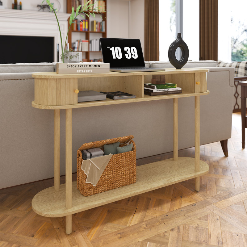  47" Console Table With Tambour Doors For Hallway, Living Room, Natural Wood