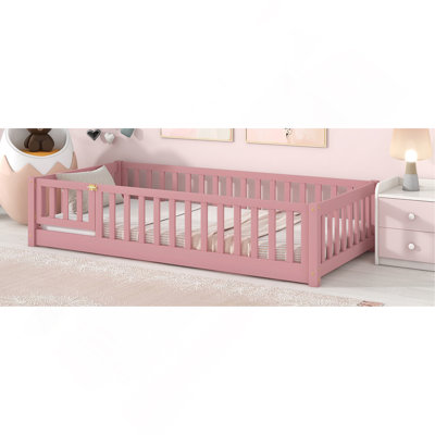 Sturdy And Stylish Wooden Platform Bed With Fence And Door For A Safe And Comfortable Sleep Experience.