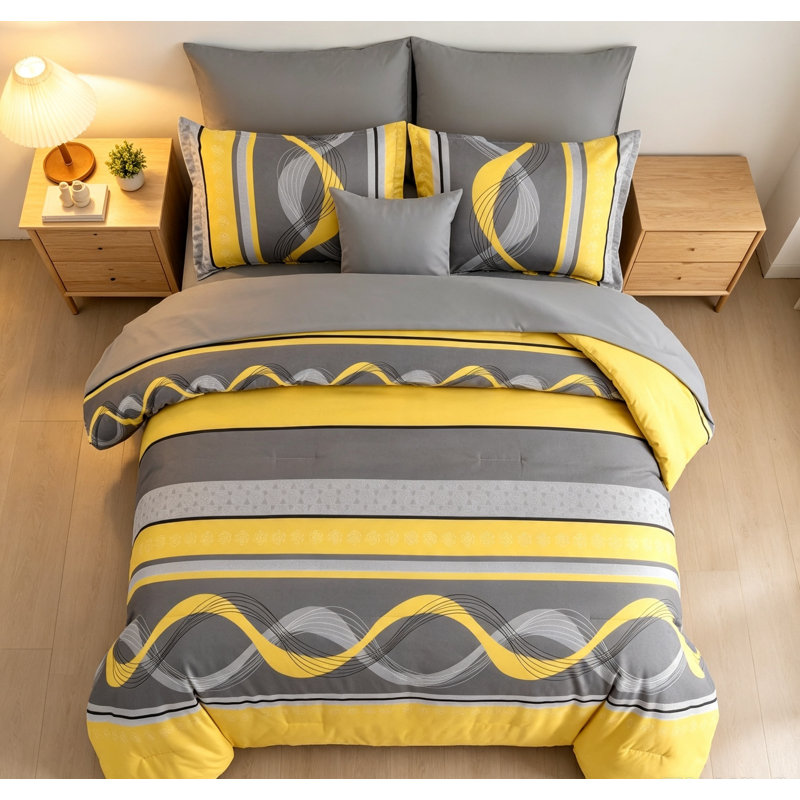 Ensemble de couette jaune Queen 8 pièces, style bohème rayé