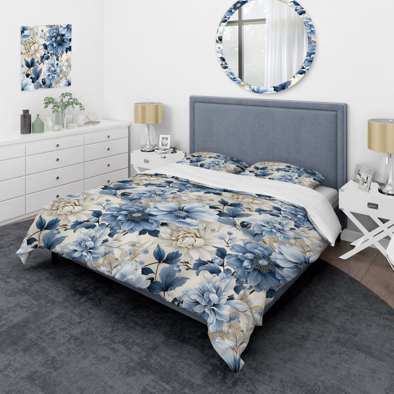Coastal Tranquility Victorian Pattern IX - Floral Duvet Cover Set, King Duvet Cover + 2 King Shams