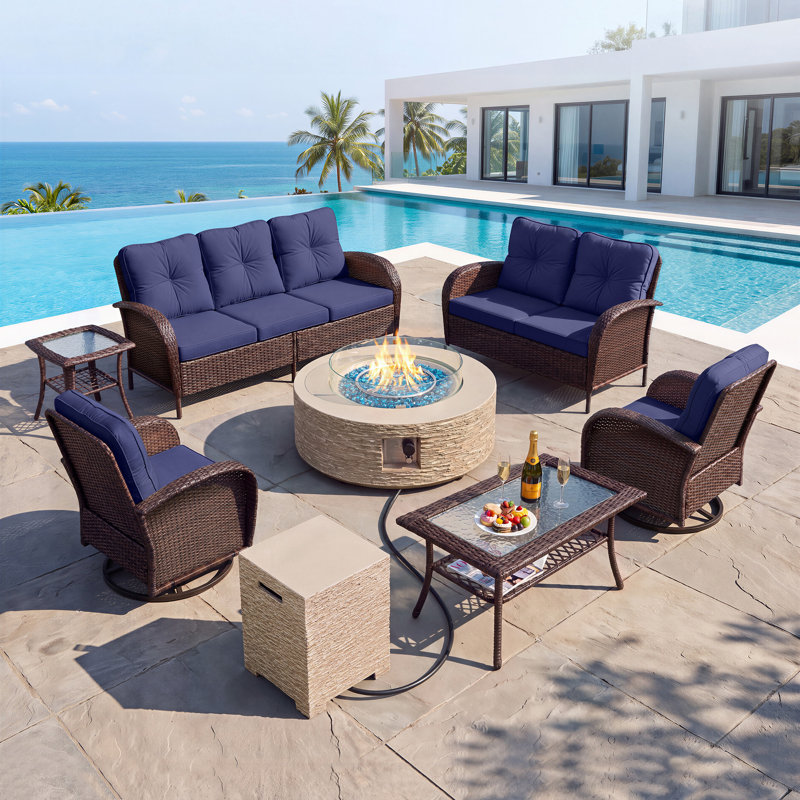 Ensemble de conversation pour patio 7 personnes avec table foyer au propane, Bleu marine