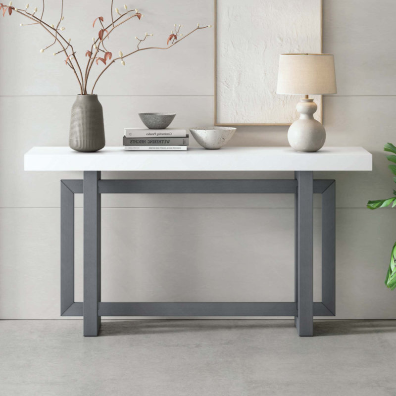 Table d'entrée peinte avec placage de pin, console de conception rectangulaire unique avec pieds en bois de pin épais, table de canapé extra longue polyvalente pour le couloir, le salon, la cuisine