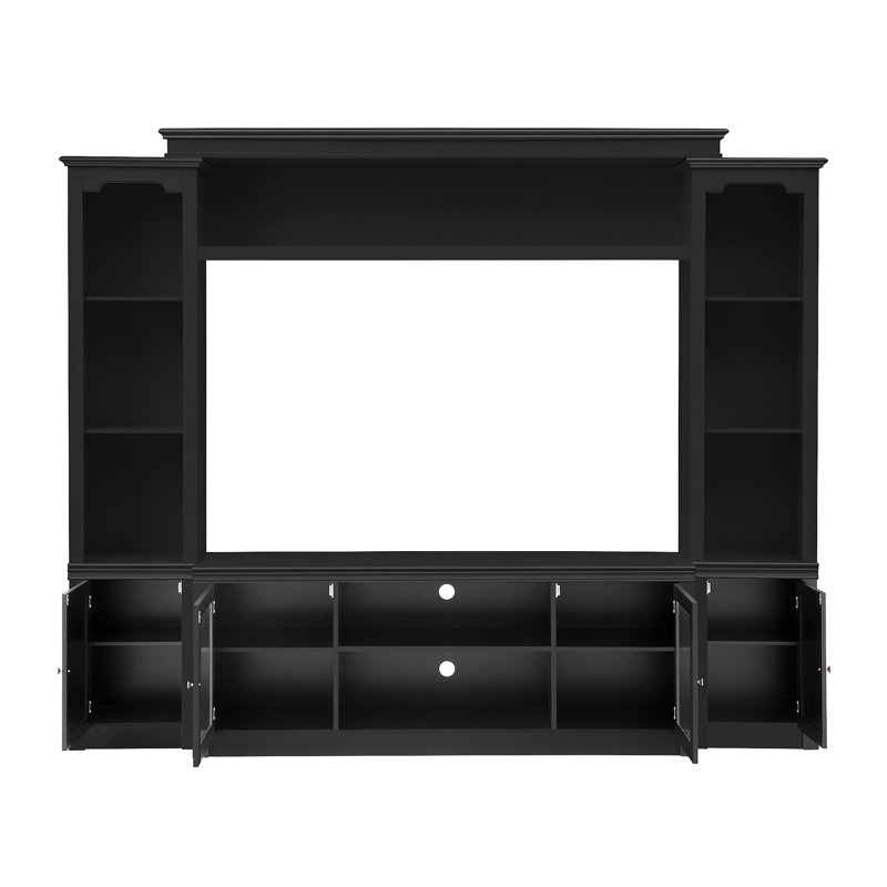Meuble télé moderne avec bibliothèque pour téléviseur de 65 po ou moins, centre de divertissement avec 4 tablettes réglables, portes en verre trempé, armoire de rangement, grand meuble télé