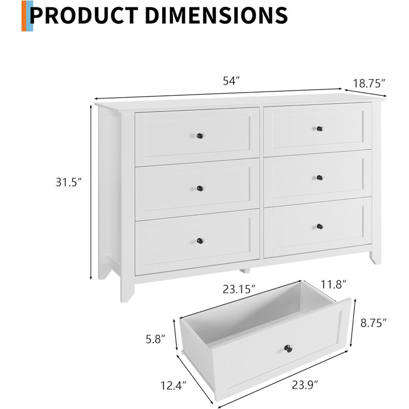 Commode 2 pièces 6 tiroirs 54 po
