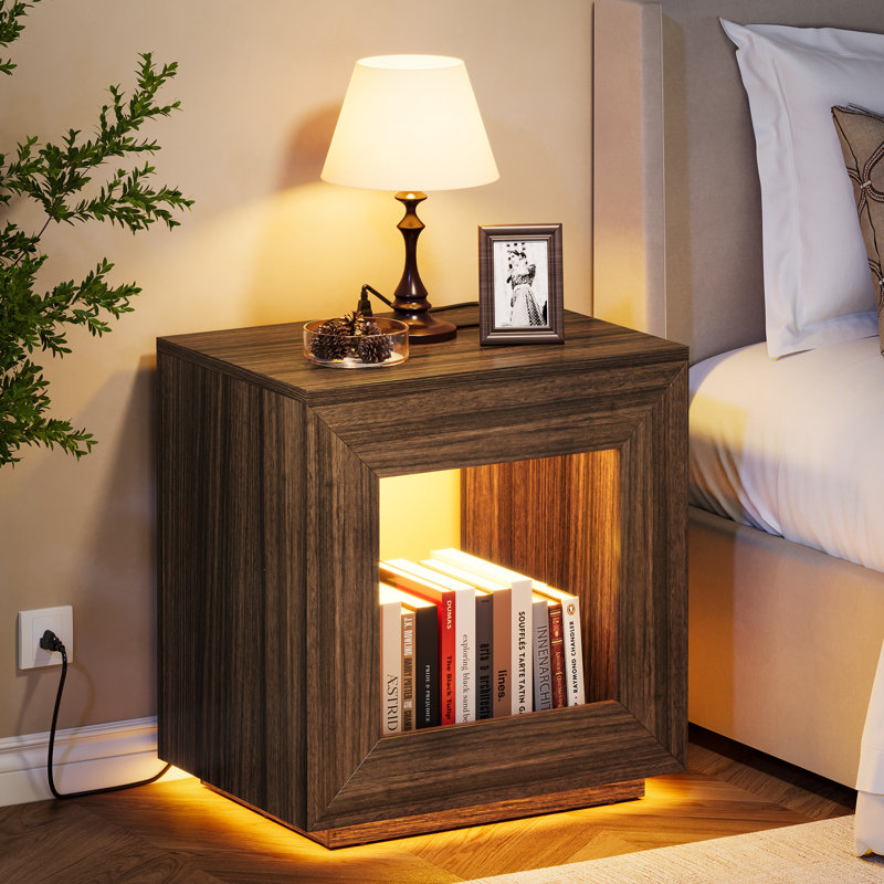 26" H Minimalist With Large Storage Space And Wood Grain Particle Board Side Table, With Colored Led Light Strip And Embedded Power Strip Tabletop Nightstand