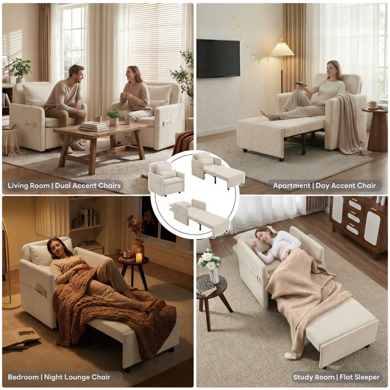 87''W 3-In-1 Convertible Sleeper Chair Bed, 3-Section Extra Length Adjustable Backrest  With 2 Cushions & Storage Bag