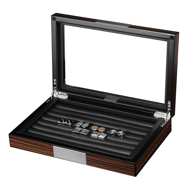 Wood Cufflink Box With Glass Window Cufflink Display Case Ring Organizer And Cufflink Box Hold 36-46 Pairs