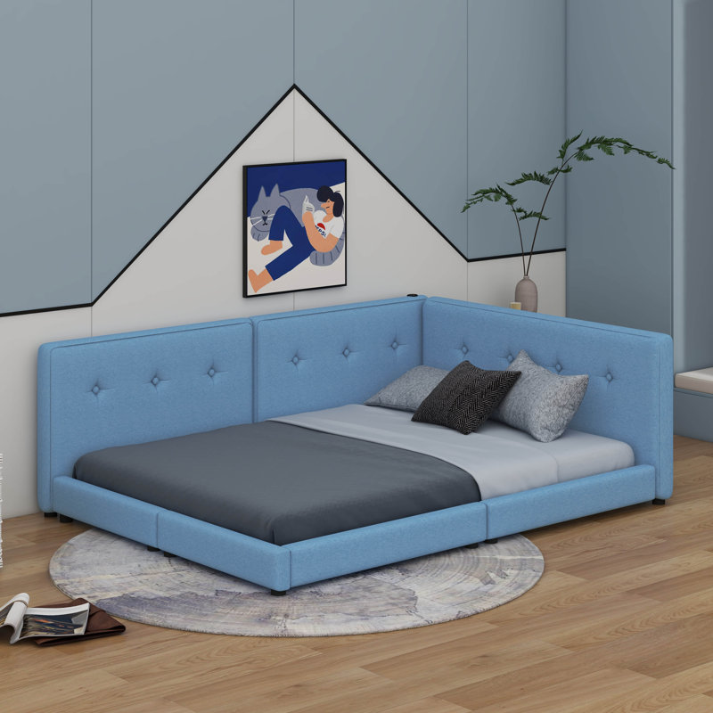 Lit plateforme tapissier avec ports USB, Grand lit